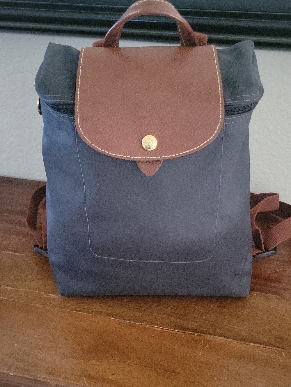 Longchamp Dark Grey Backpack with Brown Leather Flap